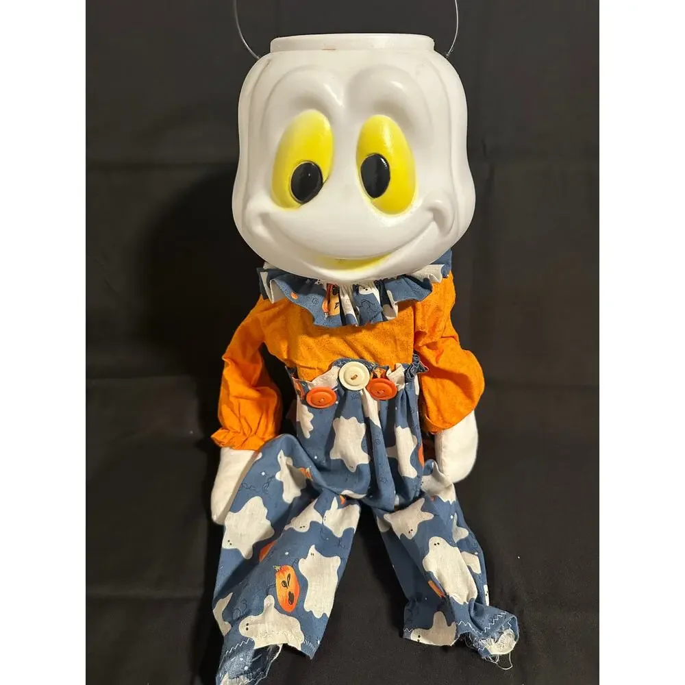 Halloween Ghost Figure Doll Wood Body Pumpkin Ghost Outfit Folk Art Decor